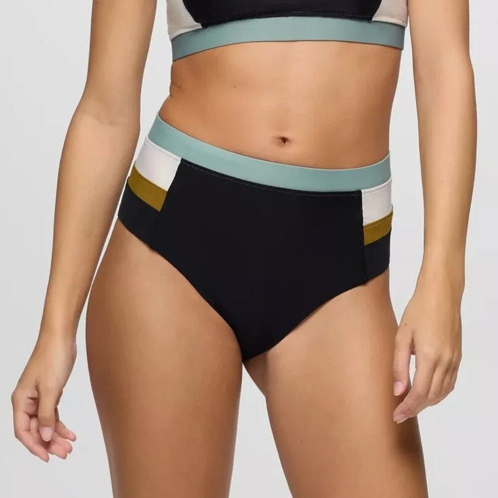 Prana Baja Bound High Rise Swim Bottom Women XL Black Colorblock Quick Dry Brief